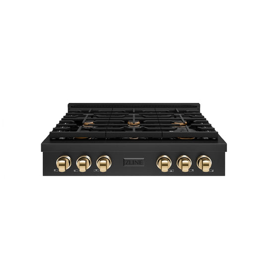 ZLINE Autograph Edition 36 in. Paramount Gas Rangetop with 6 Burners and Porcelain Cooktop in Black Stainless Steel with Polished Gold Accents, Open Box-Great Condition