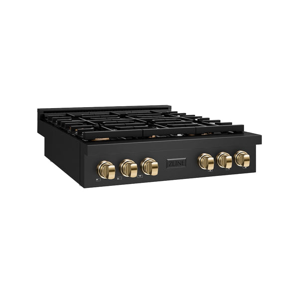 ZLINE Autograph Edition 36 in. Paramount Gas Rangetop with 6 Burners and Porcelain Cooktop in Black Stainless Steel with Polished Gold Accents, Open Box-Great Condition