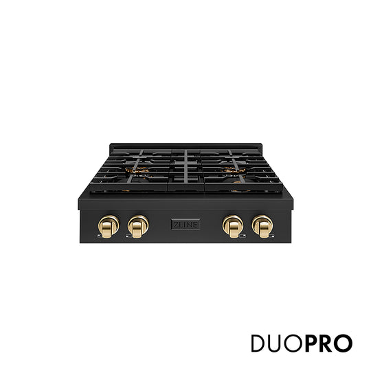 ZLINE Autograph Edition 30 in. Paramount Gas Rangetop with 4 Burner DuoPro™ Cooktop in Black Stainless Steel and Polished Gold Accents, Open Box-Great Condition