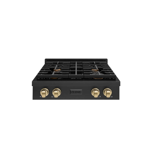 ZLINE Autograph Edition 30 in. Paramount Gas Rangetop with 4 Burners and Porcelain Cooktop in Black Stainless Steel with Champagne Bronze Accents, Open Box-Good Condition