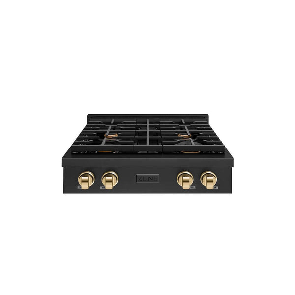ZLINE Autograph Edition 30 in. Paramount Gas Rangetop with 4 Burners and Porcelain Cooktop in Black Stainless Steel with Polished Gold Accents, Open Box-Good Condition
