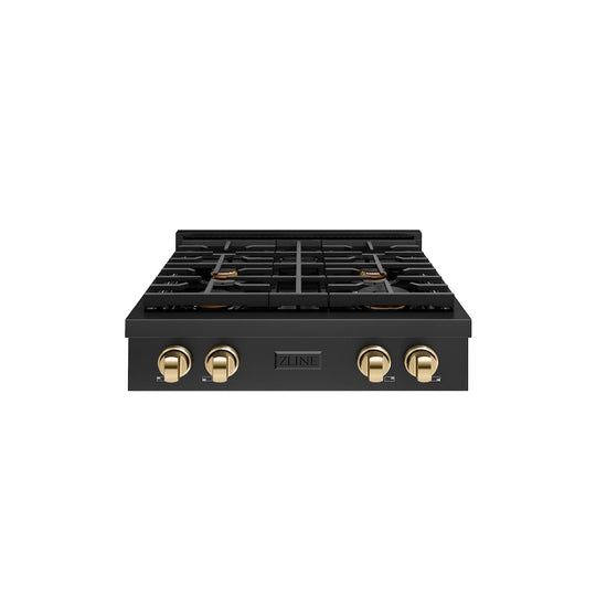 ZLINE Autograph Edition 30 in. Paramount Gas Rangetop with 4 Burners and Porcelain Cooktop in Black Stainless Steel with Polished Gold Accents, Open Box-Great Condition