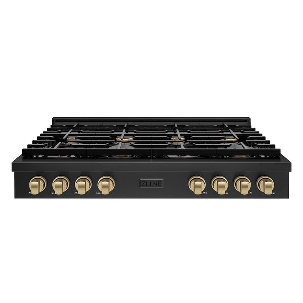 ZLINE 48 in. Autograph Edition Paramount Gas Rangetop with 8 Burners and Porcelain Cooktop in Black Stainless Steel with Champagne Bronze Accents, Open Box-Great Condition