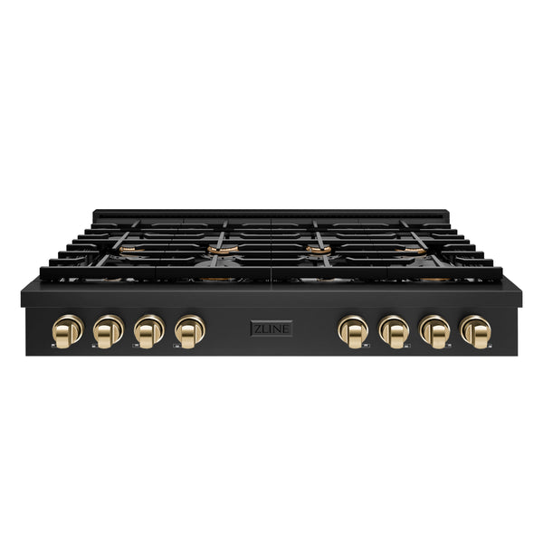 ZLINE 48 in. Autograph Edition Paramount Gas Rangetop with 8 Burners and Porcelain Cooktop in Black Stainless Steel with Polished Gold Accents (SRTBZ-48-G)