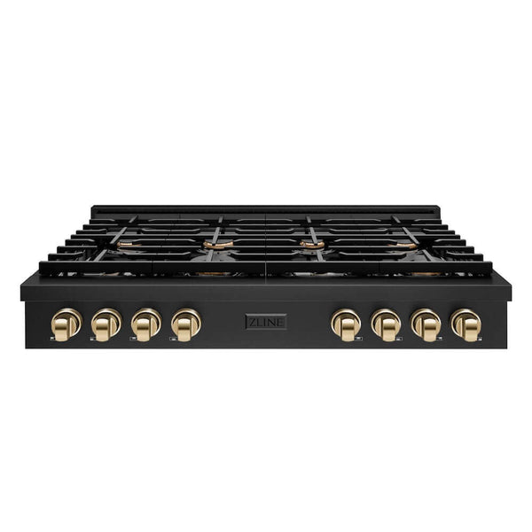 ZLINE 48 in. Autograph Edition Paramount Gas Rangetop with 8 Burners and Porcelain Cooktop in Black Stainless Steel with Polished Gold Accents, Open Box-Good Condition