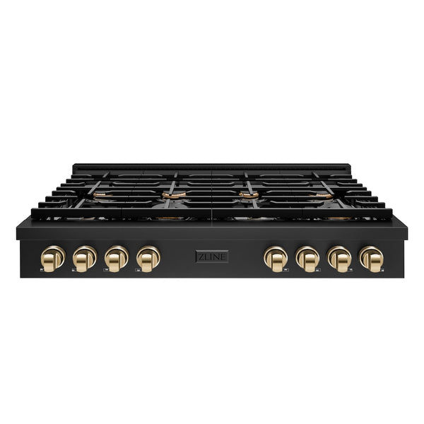 ZLINE 48 in. Autograph Edition Paramount Gas Rangetop with 8 Burners and Porcelain Cooktop in Black Stainless Steel with Polished Gold Accents, Open Box-Great Condition