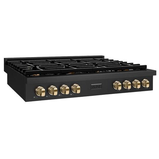 ZLINE 48 in. Autograph Edition Paramount Gas Rangetop with 8 Burners and Porcelain Cooktop in Black Stainless Steel with Polished Gold Accents, Open Box-Great Condition