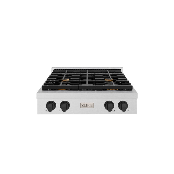 ZLINE 30 in. Autograph Edition Paramount Gas Rangetop with 4 Burners and Porcelain Cooktop in DuraSnow® Stainless Steel with Matte Black Accents (SRTSZ-30-MB)