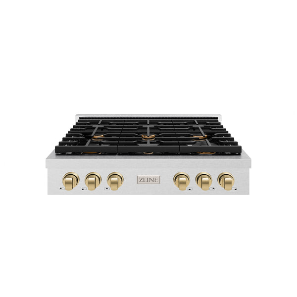 ZLINE 36 in. Autograph Edition Paramount Gas Rangetop with 6 Burners and Porcelain Cooktop in DuraSnow® Stainless Steel with Champagne Bronze Accents (SRTSZ-36-CB)