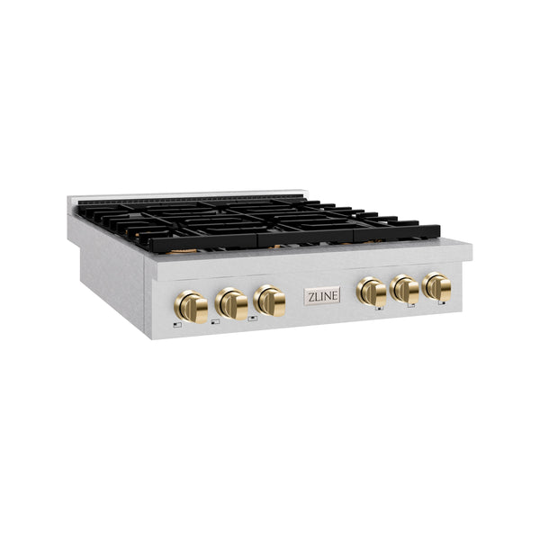 ZLINE 36 in. Autograph Edition Paramount Gas Rangetop with 6 Burners and Porcelain Cooktop in DuraSnow® Stainless Steel with Polished Gold Accents (SRTSZ-36-G)