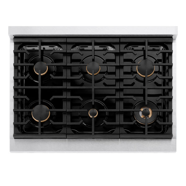 ZLINE 36 in. Autograph Edition Paramount Gas Rangetop with 6 Burners and Porcelain Cooktop in DuraSnow® Stainless Steel with Matte Black Accents (SRTSZ-36-MB)