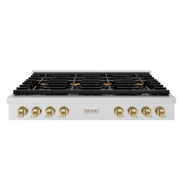 ZLINE 48 in. Autograph Edition Paramount Gas Rangetop with 8 Burners and Porcelain Cooktop in DuraSnow® Stainless Steel with Champagne Bronze Accents (SRTSZ-48-CB)