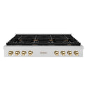 ZLINE 48 in. Autograph Edition Paramount Gas Rangetop with 8 Burners and Porcelain Cooktop in DuraSnow® Stainless Steel with Polished Gold Accents (SRTSZ-48-G)