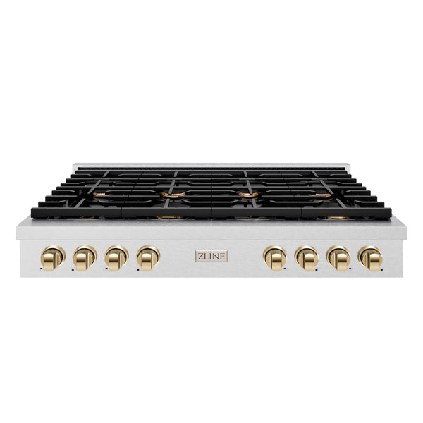 ZLINE 48 in. Autograph Edition Paramount Gas Rangetop with 8 Burners and Porcelain Cooktop in DuraSnow® Stainless Steel with Polished Gold Accents (SRTSZ-48-G)