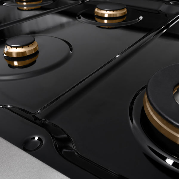 ZLINE 48 in. Autograph Edition Paramount Gas Rangetop with 8 Burners and Porcelain Cooktop in DuraSnow® Stainless Steel with Polished Gold Accents (SRTSZ-48-G)