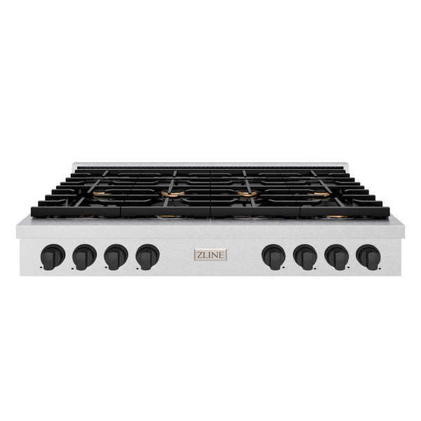 ZLINE 48 in. Autograph Edition Paramount Gas Rangetop with 8 Burners and Porcelain Cooktop in DuraSnow® Stainless Steel with Matte Black Accents (SRTSZ-48-MB)