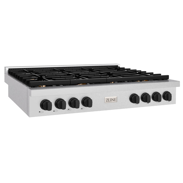 ZLINE 48 in. Autograph Edition Paramount Gas Rangetop with 8 Burners and Porcelain Cooktop in DuraSnow® Stainless Steel with Matte Black Accents (SRTSZ-48-MB)