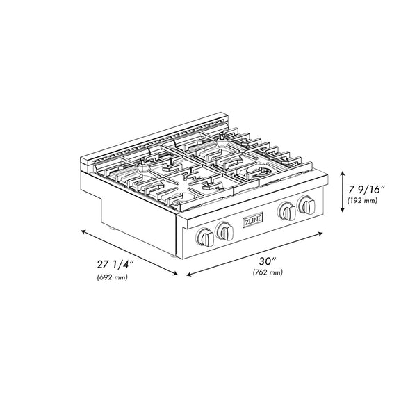 ZLINE Autograph Edition 30 in. Paramount Gas Rangetop with 4 Burners and Porcelain Cooktop in Satin Stainless Steel with Champagne Bronze Accents, Open Box-Great Condition