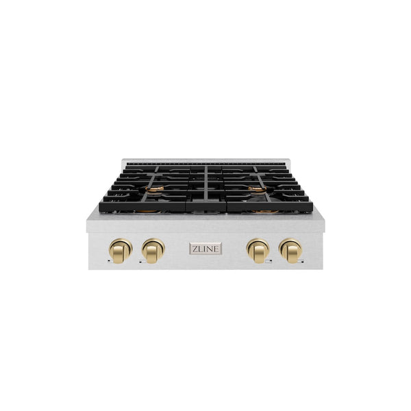 ZLINE Autograph Edition 30 in. Paramount Gas Rangetop with 4 Burners and Porcelain Cooktop in Satin Stainless Steel with Champagne Bronze Accents, Open Box-Great Condition