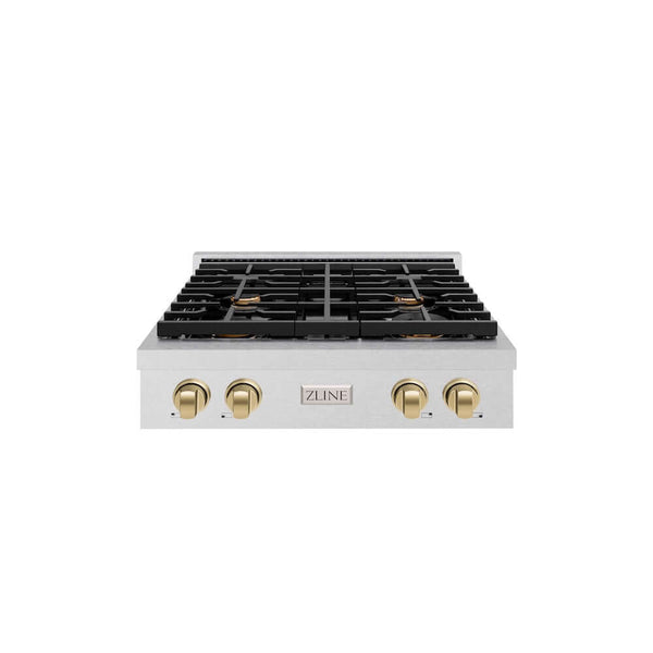 ZLINE Autograph Edition 30 in. Paramount Gas Rangetop with 4 Burners and Porcelain Cooktop in Satin Stainless Steel with Champagne Bronze Accents, Open Box-Good Condition