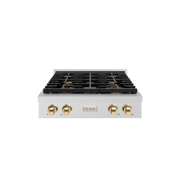 ZLINE 30 in. Autograph Edition Paramount Gas Rangetop with 4 Burners and Porcelain Cooktop in Satin Stainless Steel with Polished Gold Accents (SRTSZ-30-G)