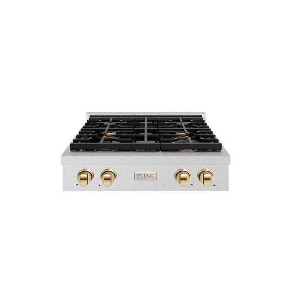 ZLINE Autograph Edition 30 in. Paramount Gas Rangetop with 4 Burners and Porcelain Cooktop in Satin Stainless Steel with Polished Gold Accents, Open Box-Great Condition