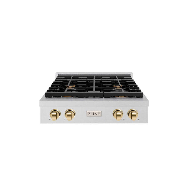 ZLINE Autograph Edition 30 in. Paramount Gas Rangetop with 4 Burners and Porcelain Cooktop in Satin Stainless Steel with Polished Gold Accents, Open Box-Good Condition
