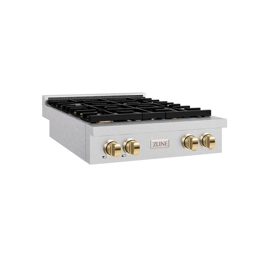 ZLINE Autograph Edition 30 in. Paramount Gas Rangetop with 4 Burners and Porcelain Cooktop in Satin Stainless Steel with Polished Gold Accents, Open Box-Great Condition