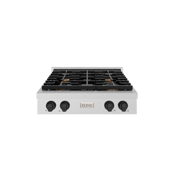 ZLINE Autograph Edition 30 in. Paramount Gas Rangetop with 4 Burners and Porcelain Cooktop in Satin Stainless Steel with Matte Black Accents, Open Box-Great Condition