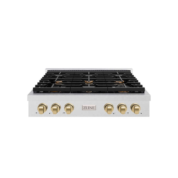 ZLINE Autograph Edition 36 in. Paramount Gas Rangetop with 6 Burners and Porcelain Cooktop in Satin Stainless Steel with Champagne Bronze Accents, Open Box-Good Condition