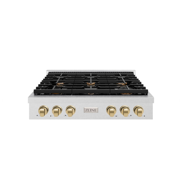 ZLINE Autograph Edition 36 in. Paramount Gas Rangetop with 6 Burners and Porcelain Cooktop in Satin Stainless Steel with Champagne Bronze Accents, Open Box-Great Condition