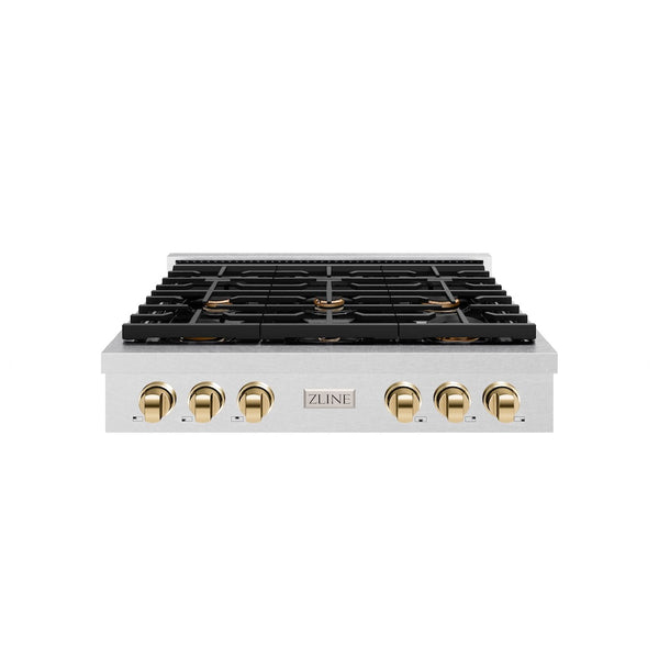ZLINE Autograph Edition 36 in. Paramount Gas Rangetop with 6 Burners and Porcelain Cooktop in Satin Stainless Steel with Polished Gold Accents, Open Box-Great Condition