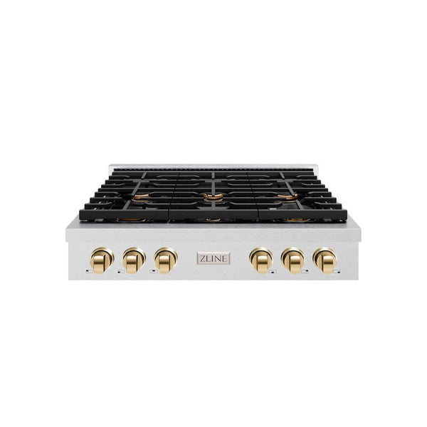 ZLINE Autograph Edition 36 in. Paramount Gas Rangetop with 6 Burners and Porcelain Cooktop in Satin Stainless Steel with Polished Gold Accents, Open Box-Good Condition