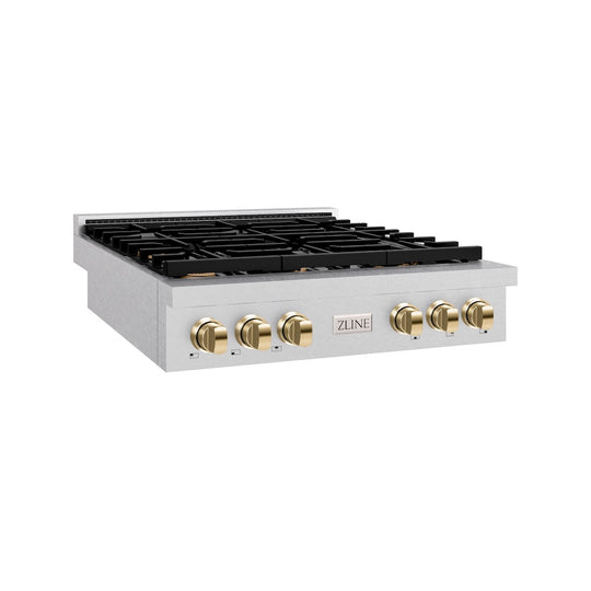 ZLINE Autograph Edition 36 in. Paramount Gas Rangetop with 6 Burners and Porcelain Cooktop in Satin Stainless Steel with Polished Gold Accents, Open Box-Great Condition