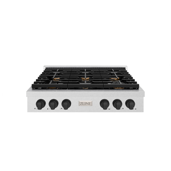 ZLINE 36 in. Autograph Edition Paramount Gas Rangetop with 6 Burners and Porcelain Cooktop in Satin Stainless Steel with Matte Black Accents (SRTSZ-36-MB)