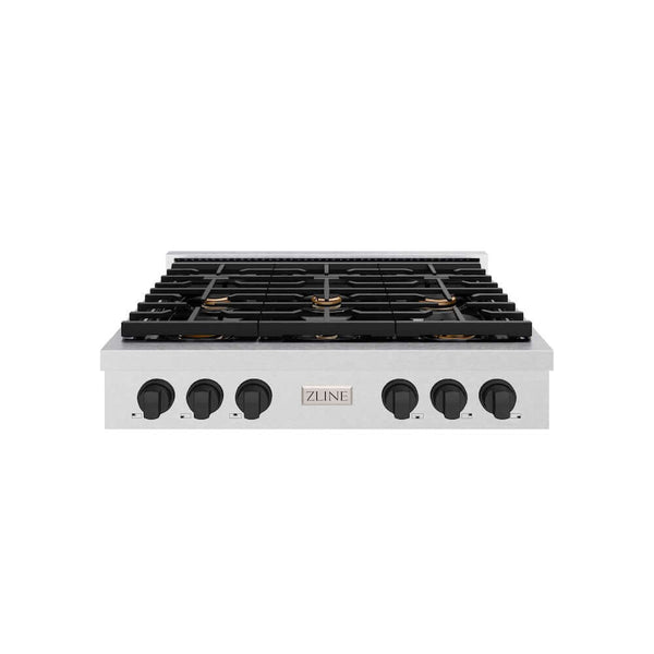 ZLINE Autograph Edition 36 in. Paramount Gas Rangetop with 6 Burners and Porcelain Cooktop in Satin Stainless Steel with Matte Black Accents, Open Box-Good Condition