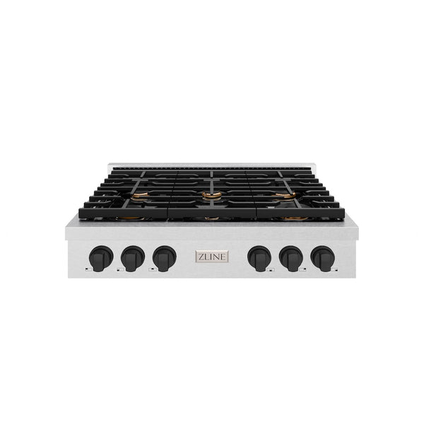ZLINE Autograph Edition 36 in. Paramount Gas Rangetop with 6 Burners and Porcelain Cooktop in Satin Stainless Steel with Matte Black Accents, Open Box-Great Condition