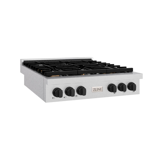 ZLINE 36 in. Autograph Edition Paramount Gas Rangetop with 6 Burners and Porcelain Cooktop in Satin Stainless Steel with Matte Black Accents (SRTSZ-36-MB)