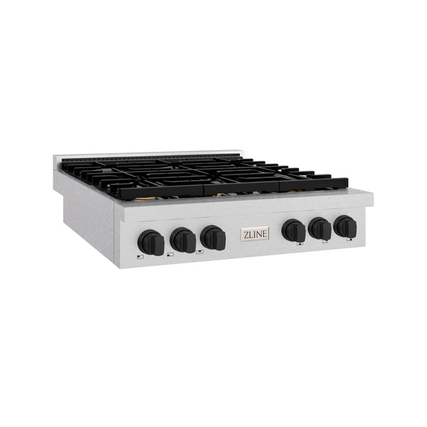 ZLINE 36 in. Autograph Edition Paramount Gas Rangetop with 6 Burners and Porcelain Cooktop in Satin Stainless Steel with Matte Black Accents (SRTSZ-36-MB)