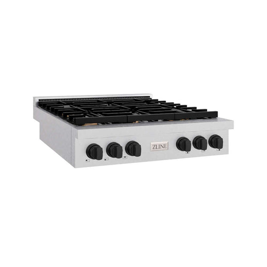 ZLINE Autograph Edition 36 in. Paramount Gas Rangetop with 6 Burners and Porcelain Cooktop in Satin Stainless Steel with Matte Black Accents, Open Box-Good Condition