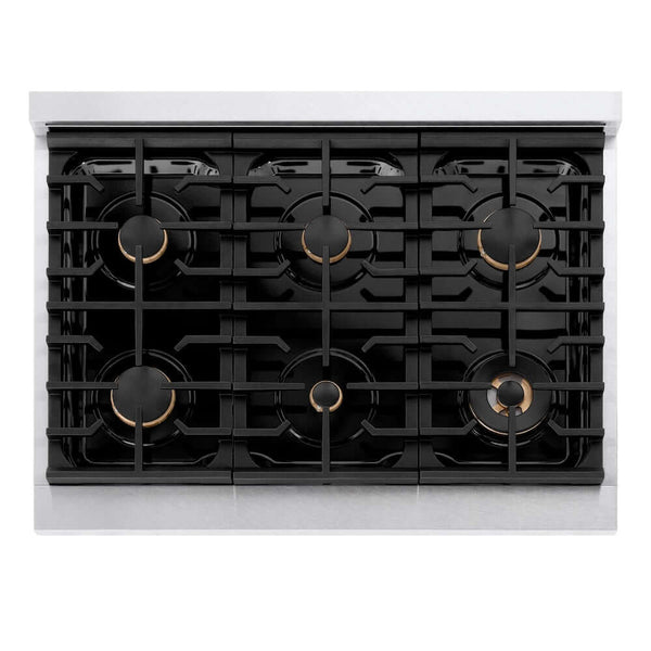 ZLINE Autograph Edition 36 in. Paramount Gas Rangetop with 6 Burners and Porcelain Cooktop in Satin Stainless Steel with Matte Black Accents, Open Box-Good Condition