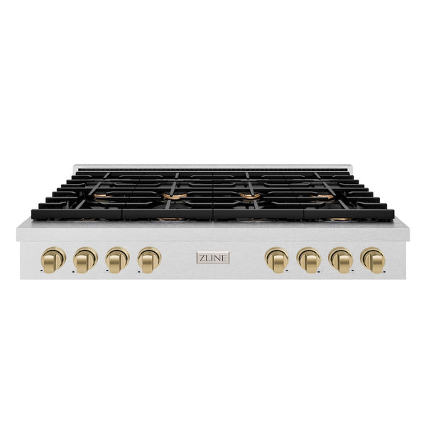 ZLINE 48 in. Autograph Edition Paramount Gas Rangetop with 8 Burners and Porcelain Cooktop in Satin Stainless Steel with Champagne Bronze Accents, Open Box-Great Condition