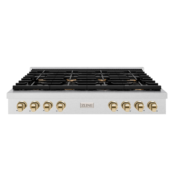 ZLINE 48 in. Autograph Edition Paramount Gas Rangetop with 8 Burners and Porcelain Cooktop in Satin Stainless Steel with Polished Gold Accents (SRTSZ-48-G)