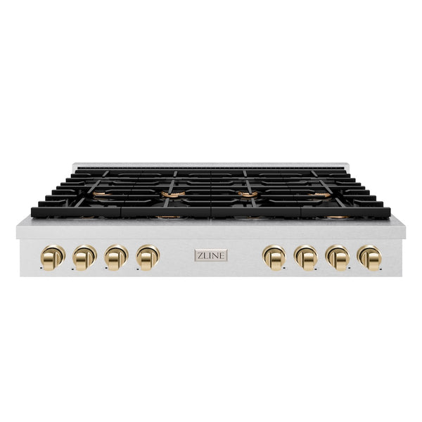 ZLINE 48 in. Autograph Edition Paramount Gas Rangetop with 8 Burners and Porcelain Cooktop in Satin Stainless Steel with Polished Gold Accents, Open Box-Great Condition