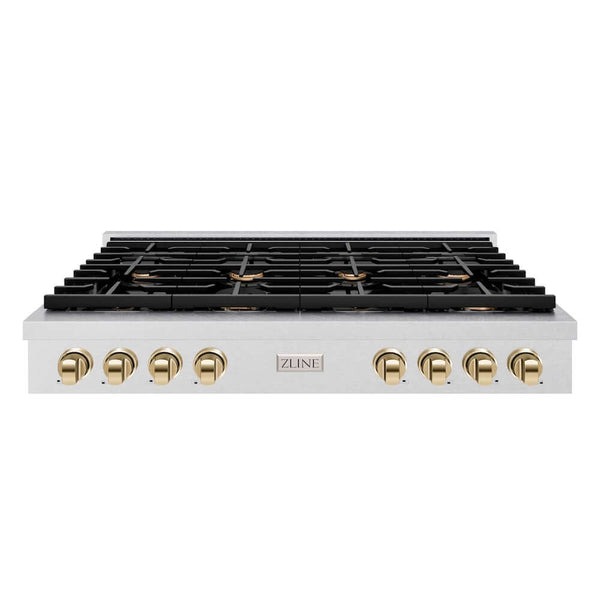 ZLINE 48 in. Autograph Edition Paramount Gas Rangetop with 8 Burners and Porcelain Cooktop in Satin Stainless Steel with Polished Gold Accents, Open Box-Good Condition