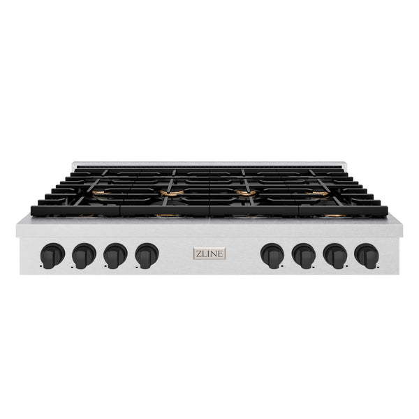 ZLINE 48 in. Autograph Edition Paramount Gas Rangetop with 8 Burners and Porcelain Cooktop in Satin Stainless Steel with Matte Black Accents (SRTSZ-48-MB)