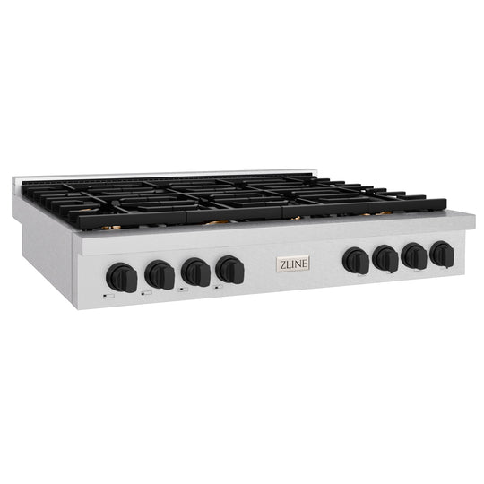 ZLINE 48 in. Autograph Edition Paramount Gas Rangetop with 8 Burners and Porcelain Cooktop in Satin Stainless Steel with Matte Black Accents (SRTSZ-48-MB)