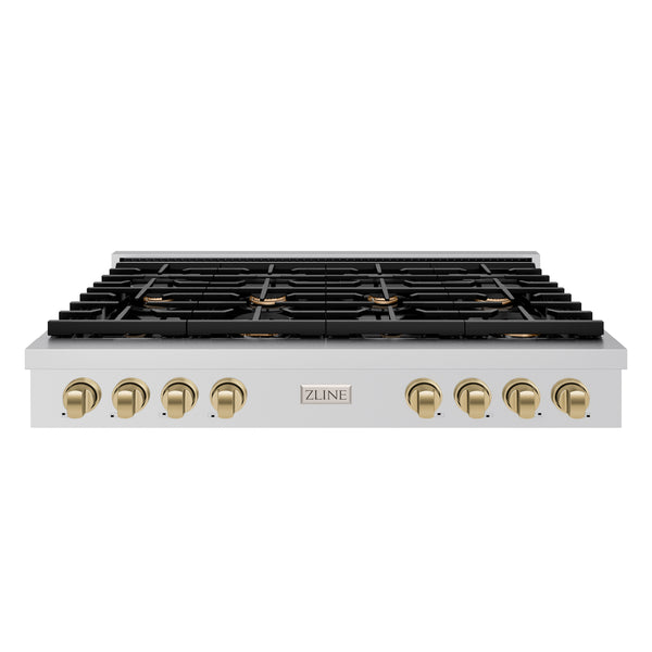 ZLINE 48 in. Autograph Edition Paramount Gas Rangetop with 8 Burners and Porcelain Cooktop in Stainless Steel with Champagne Bronze Accents (SRTZ-48-CB)