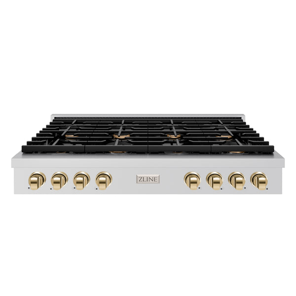 ZLINE 48 in. Autograph Edition Paramount Gas Rangetop with 8 Burners and Porcelain Cooktop in Stainless Steel with Polished Gold Accents (SRTZ-48-G)