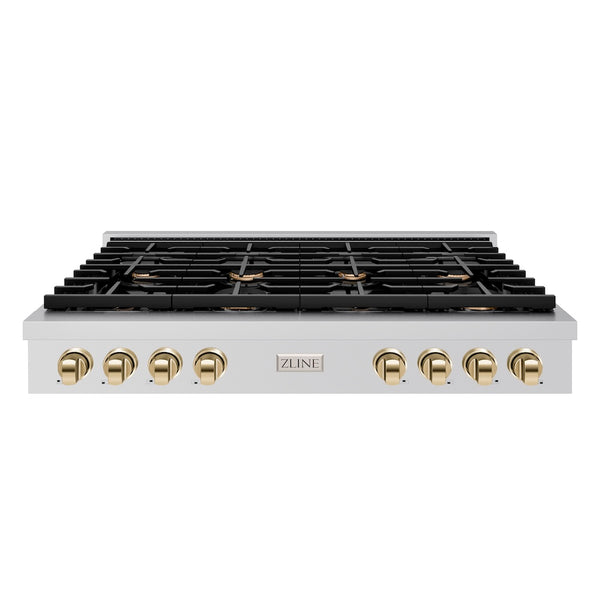 ZLINE 48 in. Autograph Edition Paramount Gas Rangetop with 8 Burners and Porcelain Cooktop in Stainless Steel with Polished Gold Accents, Open Box-Great Condition